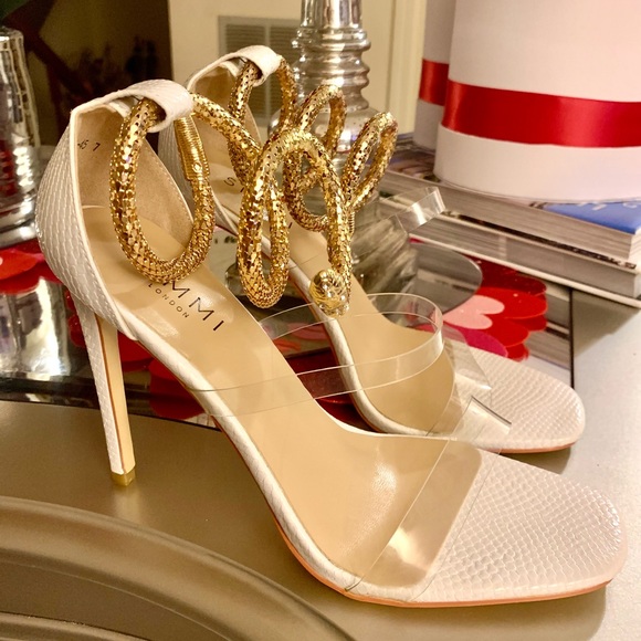 SIMMI LONDON White and Gold faux snake wrap around stiletto heels SZ 9 π₯π₯π₯ - Picture 3 of 10